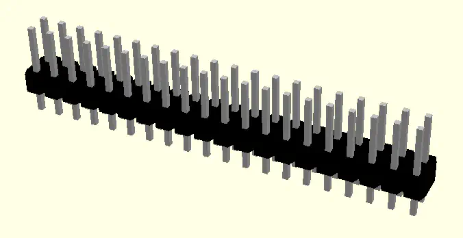 A 3D model of a 40-pin header with 2 rows of 20 pins