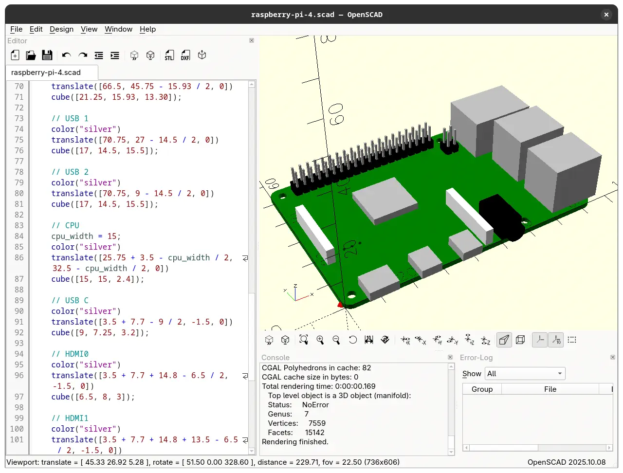 A screenshot of OpenSCAD&rsquo;s interface, displaying code on the left panel which functionally describes a Raspberry Pi and an isometric view of a 3D model of a Raspberry Pi on the right panel